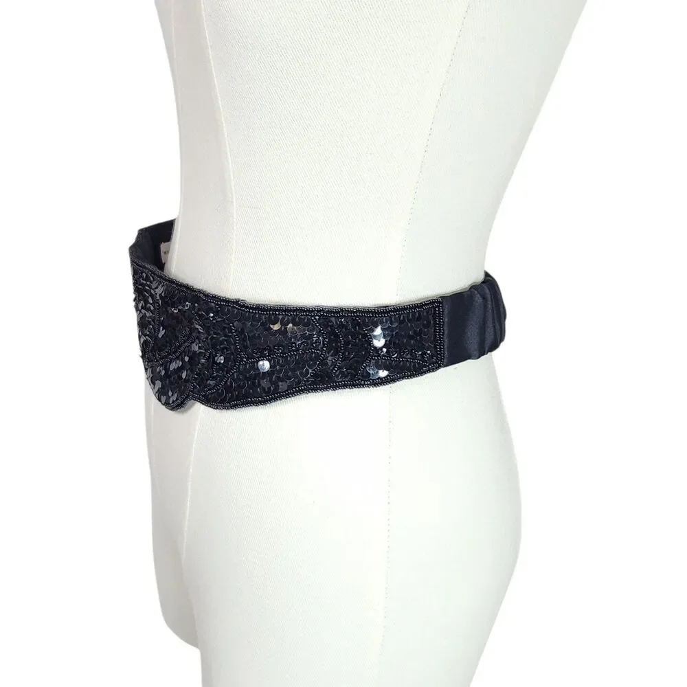 Art Deco Style Black Sequin Statement Cummerbund Belt Elasticized Retro Glam OS